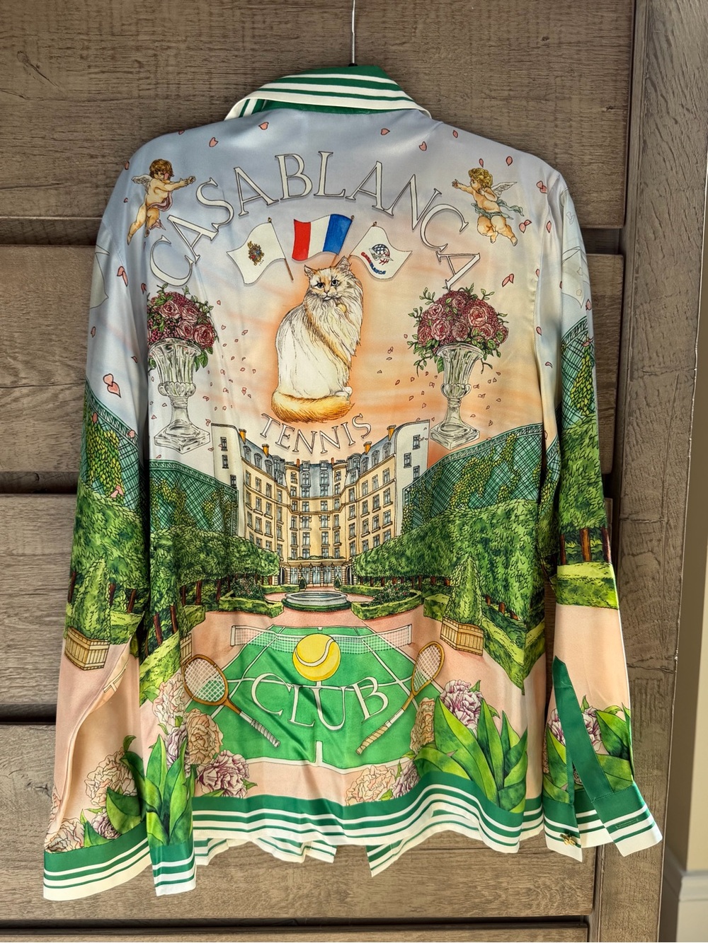 Casablanca Green Printed Silk-Blend Button-Up Jacket- French Tennis Scene- sz M - Picture 2 of 2